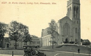 Postcard  RPPC View of Antique Car in front of St. Marks Church, Loring Park, MN