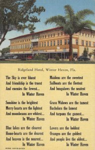 Winter Haven, Florida RIDGELAND HOTEL Poem Linen 1940s Vintage Postcard