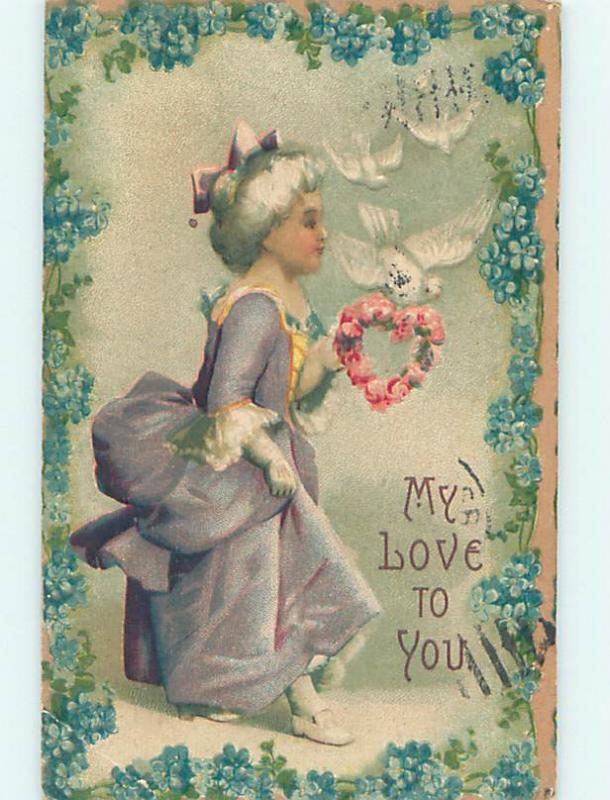 Pre-Linen valentine PRETTY GIRL WITH WHITE HAIR HOLDS HEART OF ROSES HJ2478