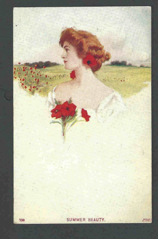 1907 PPC* Summer Beauty Woman Holding Flowers Posted
