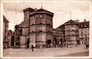 Isartor Downtown Square Munich Germany Old Car Sepai BW Cancel WOB Postcard 