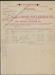 1900 HOOD, FOULKROD & CO. PHILADELPHIA PA DRY GOODS NOTIONS INVOICE 31-34 