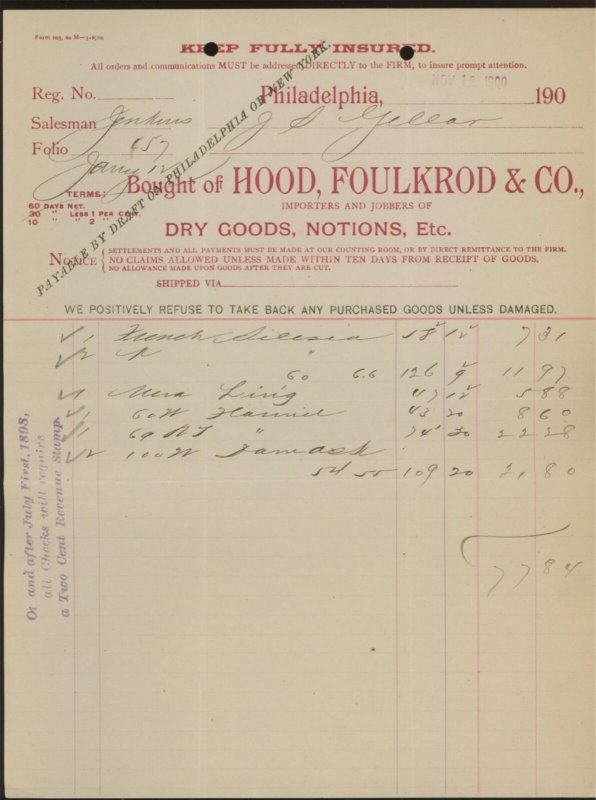 1900 HOOD, FOULKROD & CO. PHILADELPHIA PA DRY GOODS NOTIONS INVOICE 31-34 