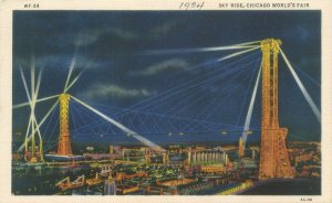 1933 Chicago Expo Sky Ride Night View Linen  Postcard CT Art Colortone Used