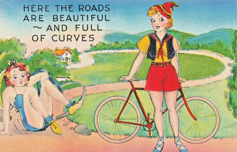 Beautiful Shapely Women-Bicycle-Roads are Beautiful-full of Curves~1940sPOSTCARD
