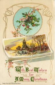 Christmas~Tearoses~Holly~Church Picture~Art Nouveau~Gold~Emb~Germany~A Von Beust