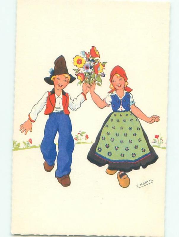 foreign Pre-1980 signed GIRL AND BOY HOLDUP FLOWER BOUQUET AC6808@