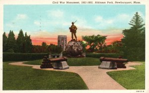 Vintage Postcard 1949 Civil War Monument Atkinson Park Newburyport Massachusetts