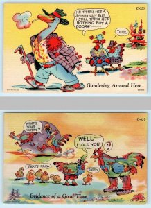 2 Postcards RAY WALTERS Rural Comics GANDERING GOOSE, CHICKENS Chicks c1940s