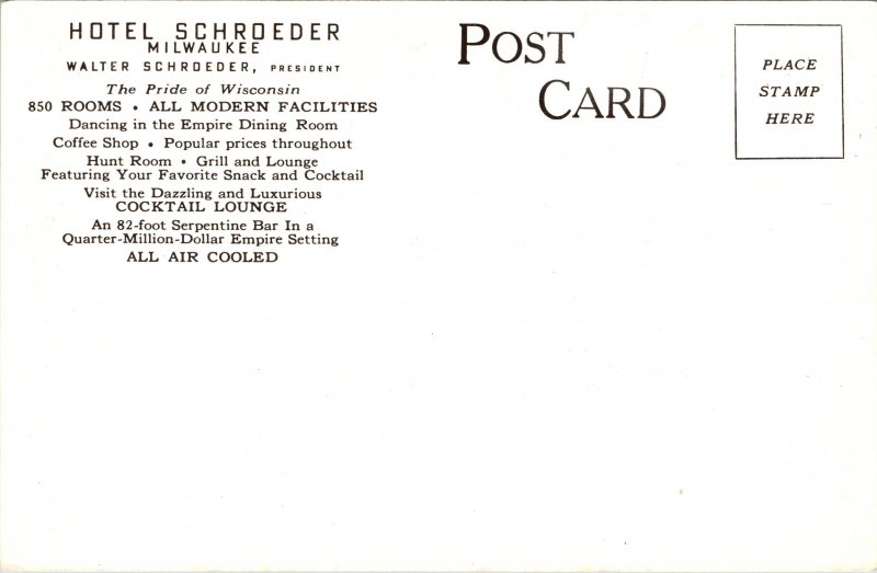 Postcard WI Milwaukee Hote Schroeder
