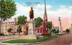 Postcard WI Milwaukee Washington Monument on Wisconsin Ave.