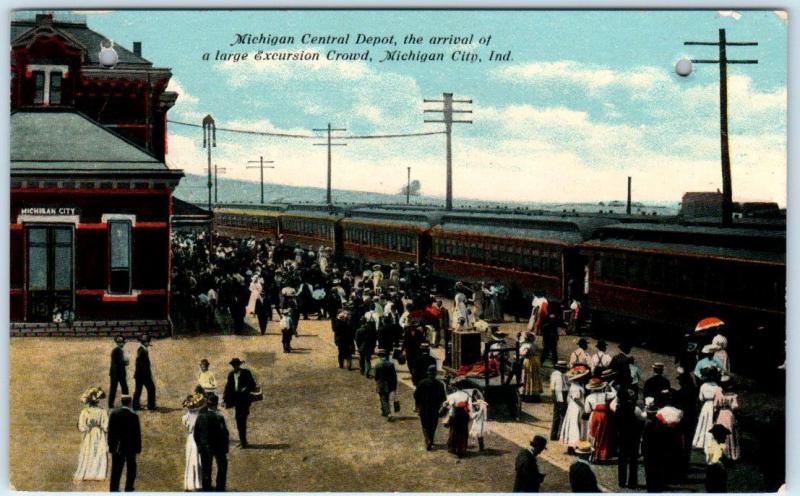 MICHIGAN CITY, IN    MICHIGAN CENTRAL Railroad Depot  Crowd  1910s  Postcard