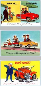 3 Postcards TED MARTINE Automobile Comics CAR DEALER Advertising ca 1960s