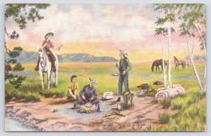 Western~Linen~c1941~Dude Larsen~The Lure Of The West~Campfire~Rest Place~Mtns~PC