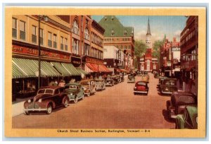 c1940 Church Street Business Section Classic Car Burlington Vermont VT Postcard