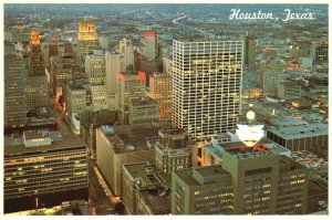 Vintage Postcard Skyline Lights of Downtown Houston Texas TX