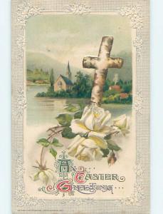 Pre-Linen easter religious WHITE ROSE FLOWER & RUSTIC WOODEN JESUS CROSS HL1128