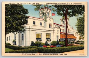 Arkansas~Hot Springs Natl Park~Ozark Baths Bldg~Flag~Mediterranean~Linen 1945 PC