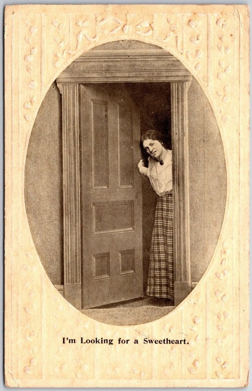 1909 I'm Looking For Sweetheart Woman Standing In Doorway Posted Postcard