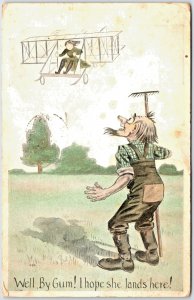 Old Man with Gardening Rake Looking at Wright Brothers Plane  - Vintage Postcard