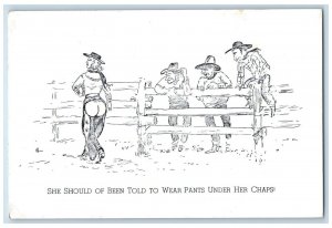 Women Wear Pants Under Her Chaps Cowboys Fence Humor Funny Vintage Postcard