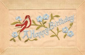 A Happy Birthday Stitching Bird and Flowers Silk Embroidered Writing on Back 