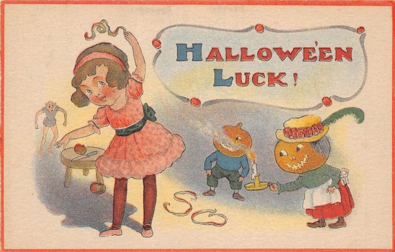 E20/ Halloween Holiday Postcard c1910 C.S. 601 Ghoul Girl Jack-O-Lantern People9