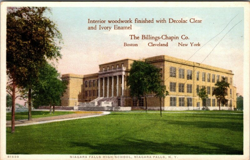 Niagara Falls High School, Billings Chapin Co. Ad Vintage Decolac Postcard