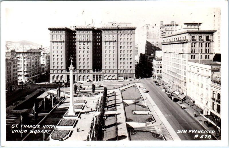 RPPC SAN FRANCISCO,  CA Union Square  ST FRANCIS HOTEL c1940s Cars  Postcard