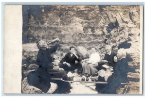 c1910's Candid Picnic Old Woman Drinking Alcohol Men RPPC Photo Postcard 