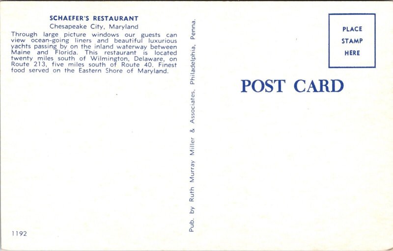 Postcard Interior of Schaefer's Restaurant in Chesapeake City, Maryland