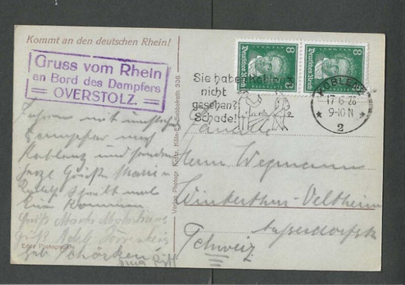 1920 Post Card Germany Mailed Aboard Overstolz W/Paquetbot Cancel