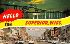 Street Scene SUPERIOR, WISCONSIN 1950s Cars Signs Banner 1964 Vintage Postcard