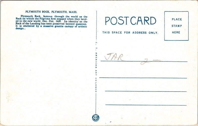 Plymouth Rock Massachusetts MA 1620 WB Postcard UNP VTG Curt Teich Unused 