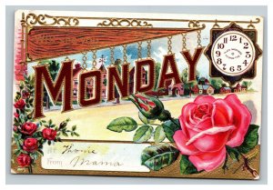 Vintage 1910's Monday Appointment Postcard Hand Drawn Hands for Time Roses