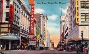 Postcard MO Kansas City Main Street View Drug Store Movie Theatre 1940s V72