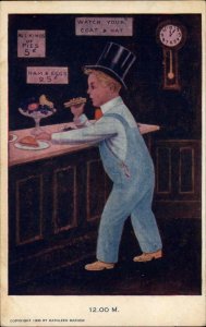 Mathew Working Little Boy Series 12:00 PM Overalls Top Hat Lunch Bar c1910 PC