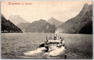 Traunsee Von Ebensee Upper Austria Steamship Mountain In Distance Postcard