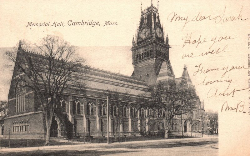 Vintage Postcard 1908 Memorial Hall Building Historic Lanmark Cambridge MA