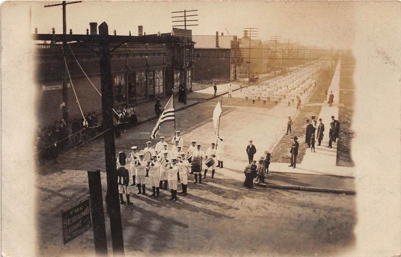 B53/ Patriotic Postcard Real Photo RPPC Sebring Ohio? Parade Flags Stores 2