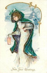 Postcard C-1910 Schmucker Tuck New Year Pretty woman Greeting TP24-3479