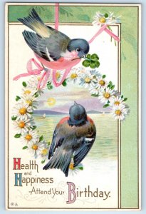c1910's Birthday Birds And Daisy Flowers Horseshoe Embossed Nash Postcard
