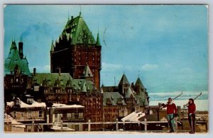 Skiers, Chateau Frontenac, Quebec, 1965 Postcard, Fight Cancer Slogan Cancel