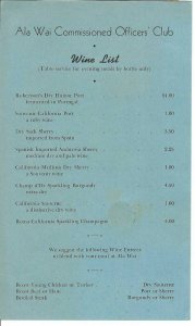 MK-048 HI, Waialua Ala Wai Commissioned Officers Club Wine List Menu Pre State