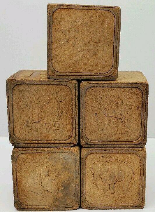 Antique Vtg Wood Blocks Carved Buffalo, Horse, Turkey, Porcupine, Kangaroo, Dog