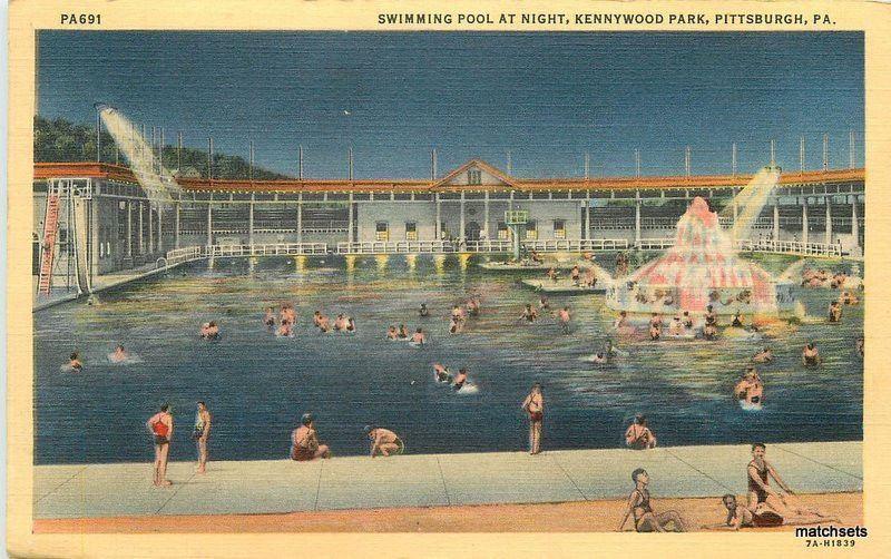 1940s Swimming Pool at Night Kennywood Park Pittsburgh Pennsylvania Teich 10886