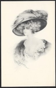 Portrait of Beautiful Lady with Feathered Big Hat & Curly Hair Unused c1910s