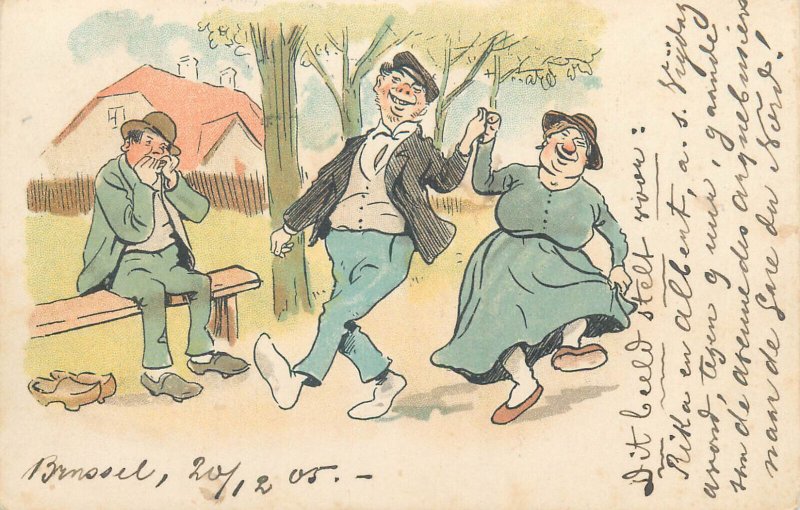 Humor 1905 comic old couple caricatures Belgium vintage postcard