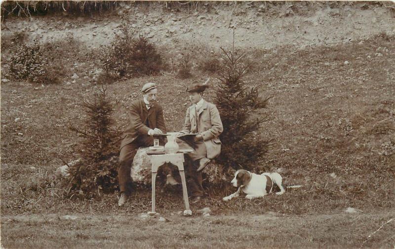 Photo postcard 1906 Hungary social history people men & dog snapshot foto