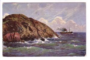 Ship Sailing Out From Rock, Seagulls, Used 1907 Nova Scotia Split Ring Cancel